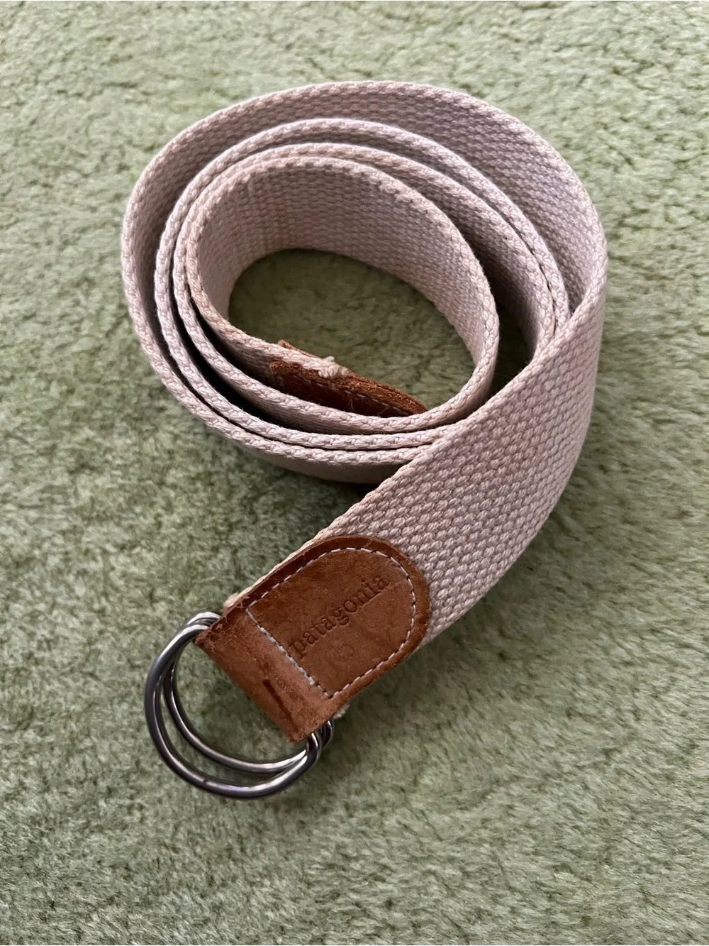 VTG Patagonia Webbing Belt Mens Medium Oat Canvas D Ring Leather Trim 36 inch
